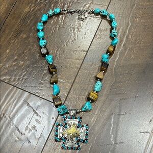 Turquoise and Brown Beaded Necklace with Silver Pendant